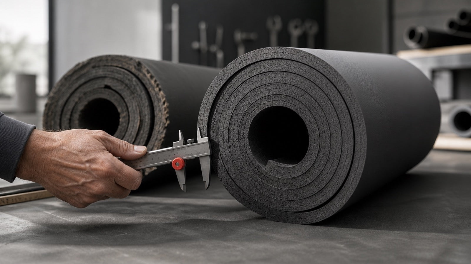 Zwei Rollen Elastomer-Dämmstoff im Materialvergleich